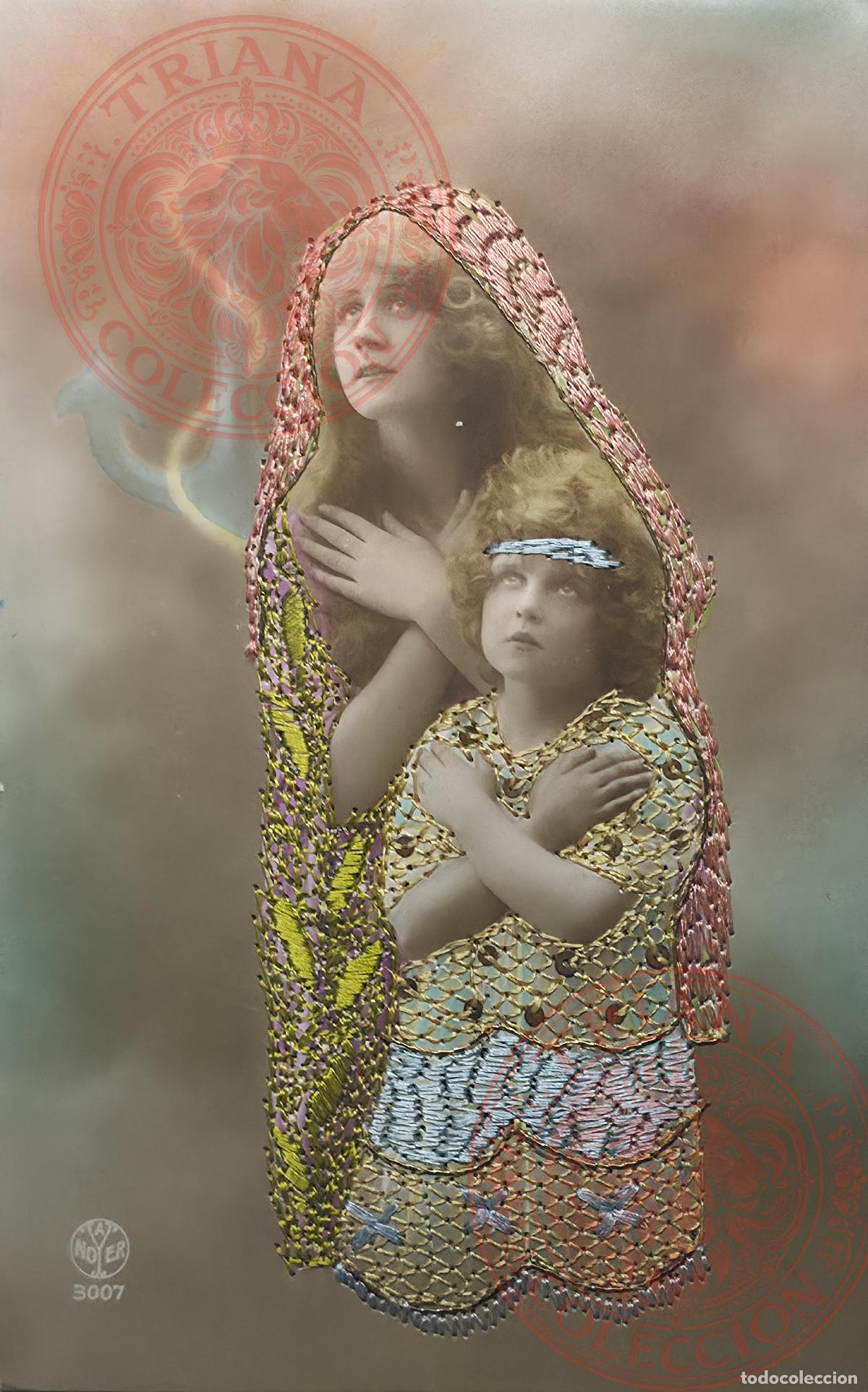 Postales: POSTAL BORDADA MUJER CON NI&Ntilde;A REZANDO (MARGARA)