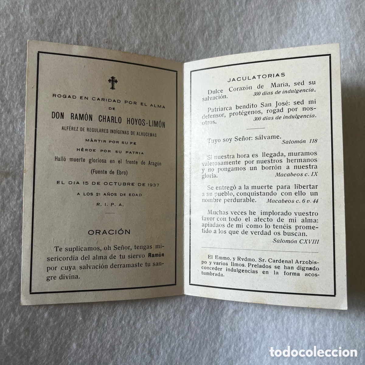 Postales: ESQUELA / OBITUARIO / RECORDATORIO H&Eacute;ROE Y MARTIR GUERRA CIVIL / REGULARES IND&Iacute;GENAS ALHUCEMA