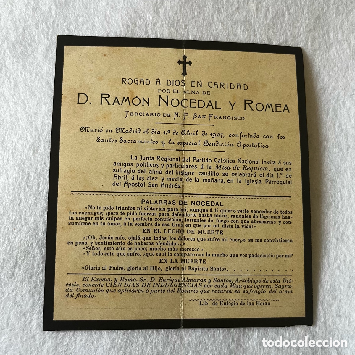 Postales: ESQUELA / RECORDATORIO DEL POL&Iacute;TICO Y CARLISTA RAM&Oacute;N NOCEDAL / PARTIDO CAT&Oacute;LICO NACIONAL / RELIGIOSO