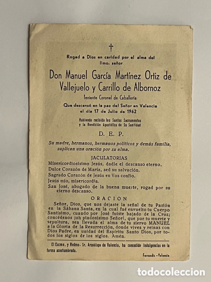 Postales: VALENCIA Esquela Teniente Coronel de Artiller&iacute;a Manuel Garc&iacute;a Mart&iacute;nez Ortiz de Vallejuelo (a.1962)