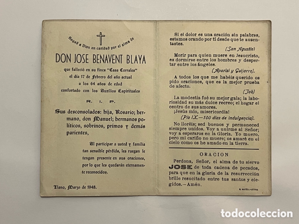 Postales: CASA CORRALES. Simat de la Valldigna. Esquela DON JOSE BENAVENT BLAYA. Llano, Marzo de 1948