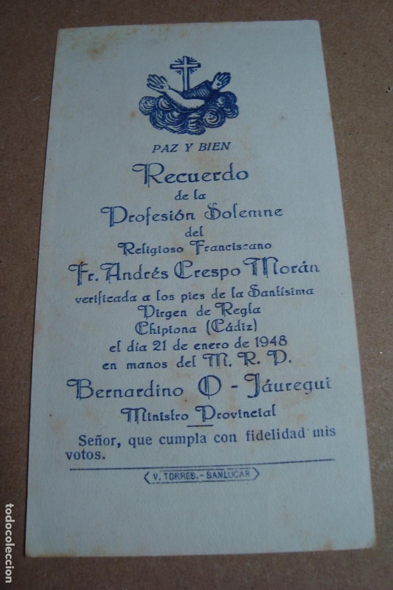 Postales: RECUERDO PROFESION RELIGIOSA FR. ANDRES CRESPO MORAN. FRANCISCANO. CHIPIONA CADIZ 1948