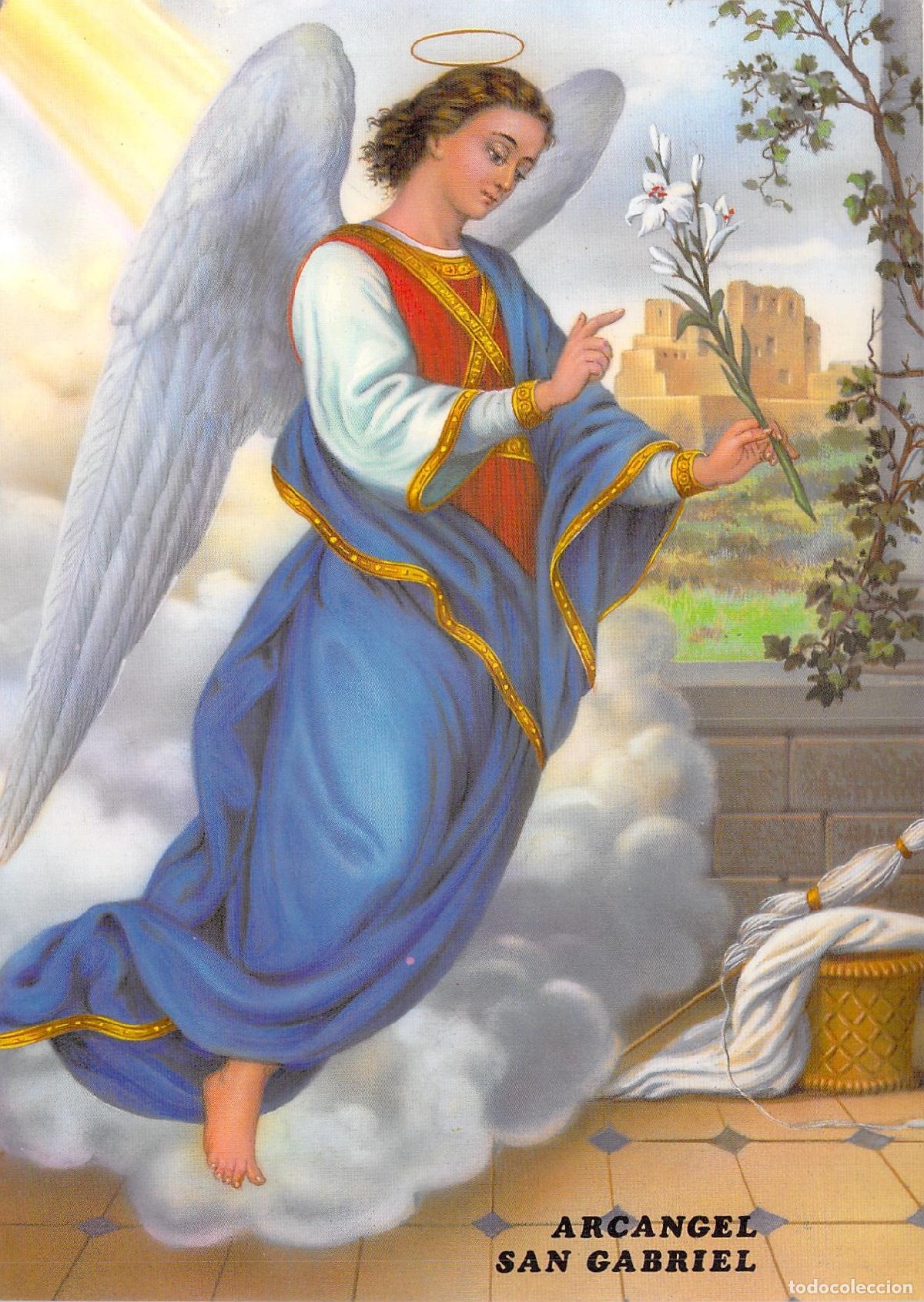 Postales: Postal del Arc&aacute;ngel San Gabriel con lirio, representaci&oacute;n religiosa