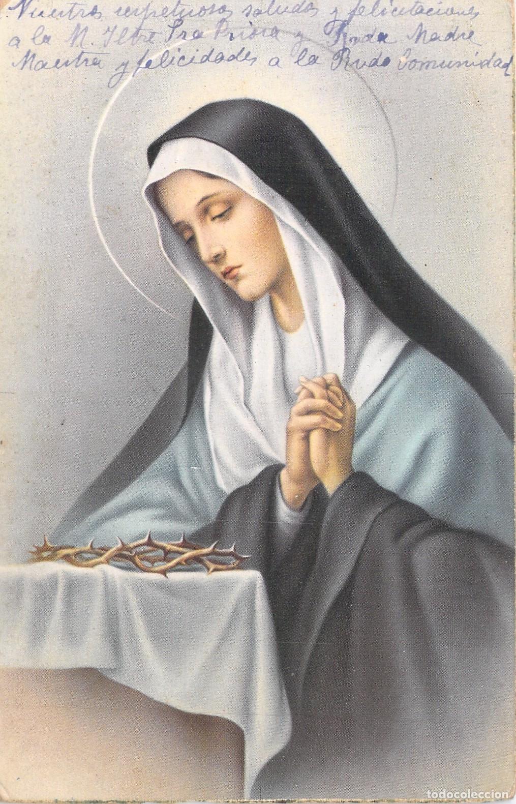 Postales: Postal con imagen de la Virgen Mar&iacute;a y corona de espinas