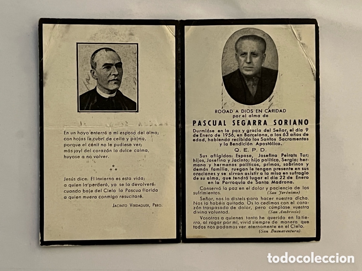 Postales: BARCELONA ESQUELA.. D. Pascual Segarra.., Oraci&oacute;n JACINTO VERDAGUER, PBRO. (a.1956)