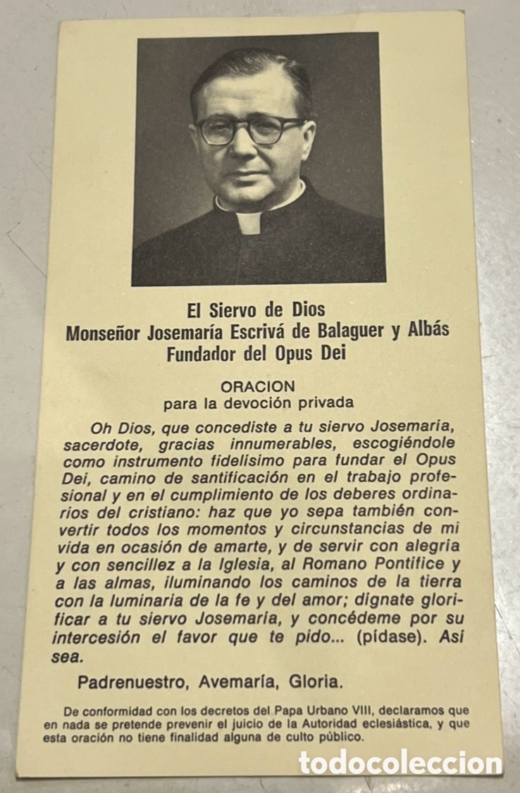 Postales: Estampa Religiosa. Monse&ntilde;or Josemaria Escriva de Balaguer y Albas. Fundador del Opus Dei.