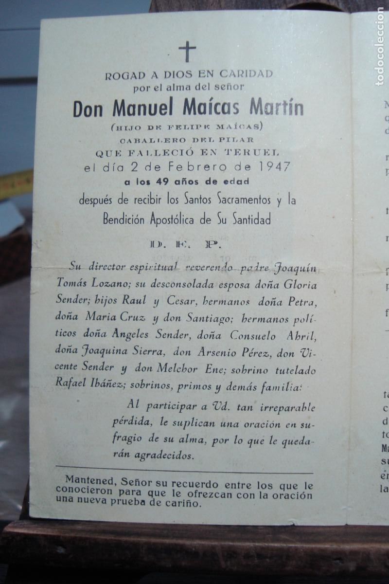 Postales: RECUERDO FUNERAL D. MANUEL MACIAS MARTIN. CABALLERO DEL PILAR. TERUEL 1947
