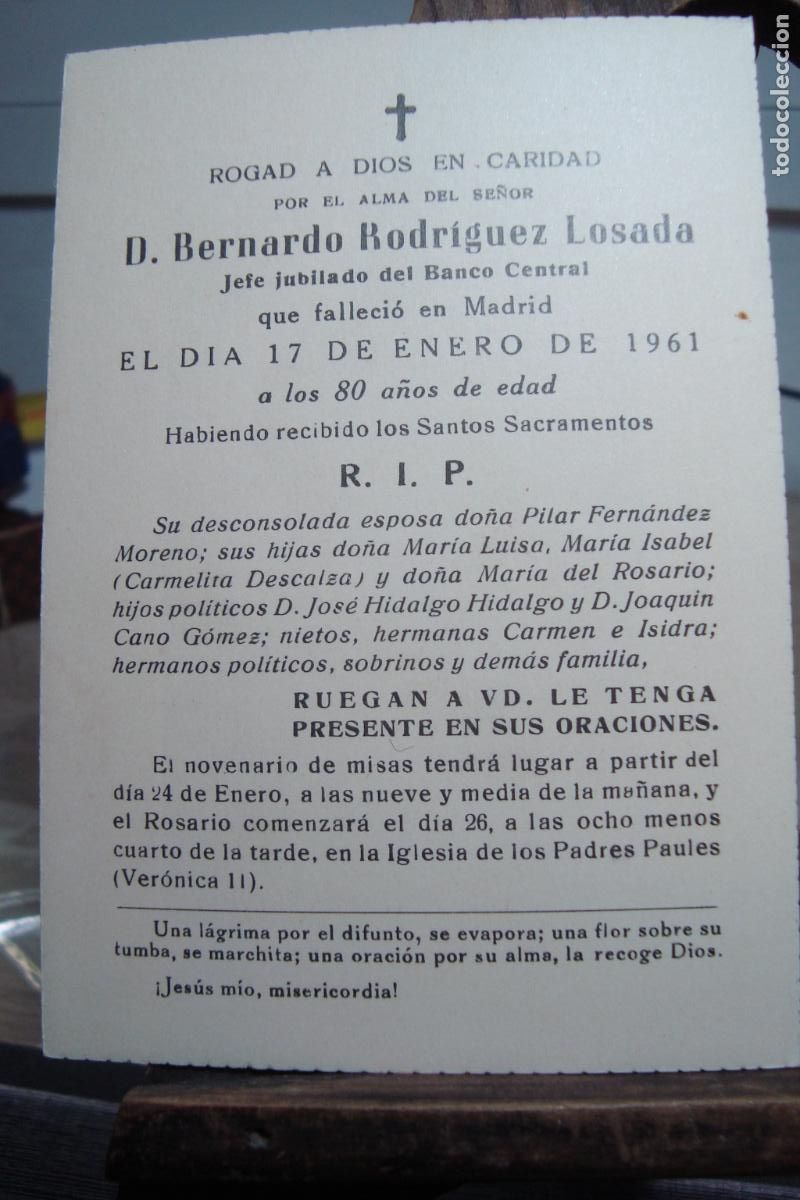 Postkarten: RECUERDO FUNERAL D. BERNARDO RODRIGUEZ LOSADA. JEFE BANCO CENTRAL MADRID 1961.