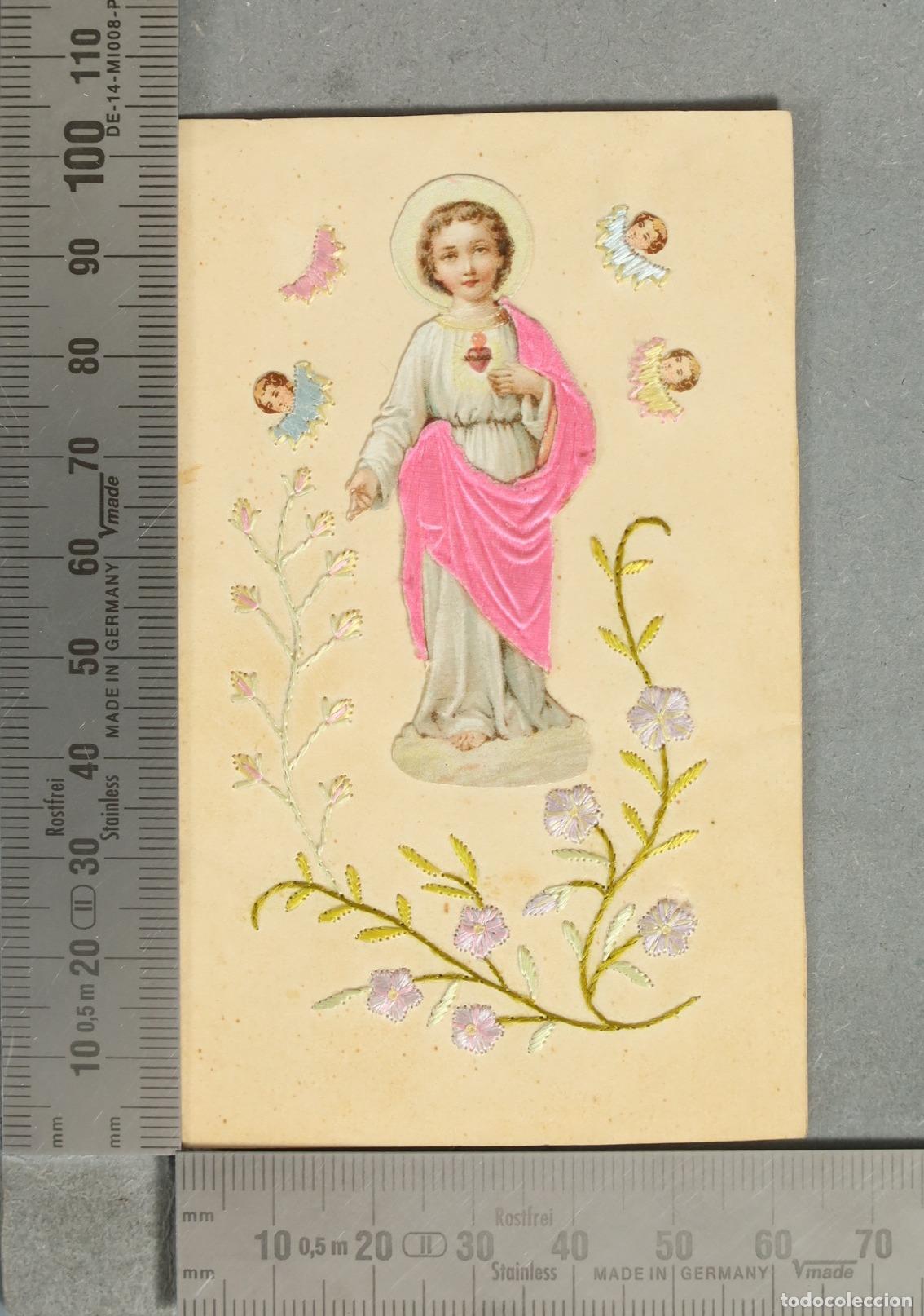 Postales: ESTAMPA. Sagrado Coraz&oacute;n de Jes&uacute;s con &aacute;ngeles y flores bordadas