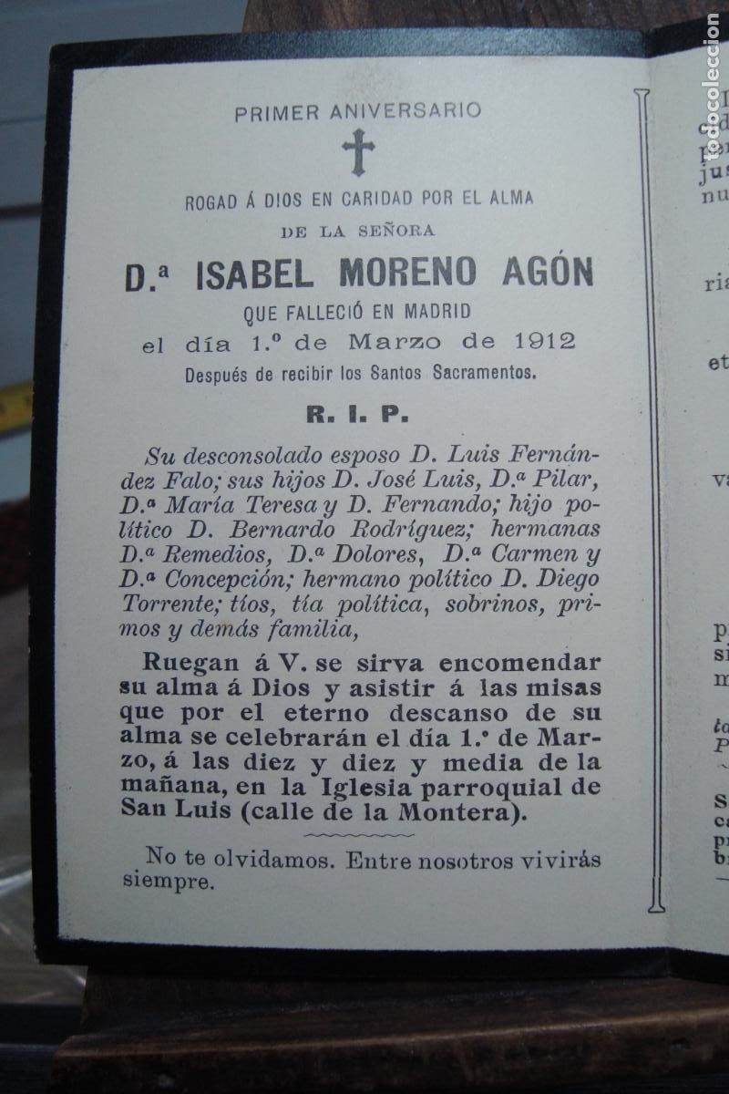 Postales: RECUERDO FUNERAL D&ordf; ISABEL MORENO AGON. MADRID 1912
