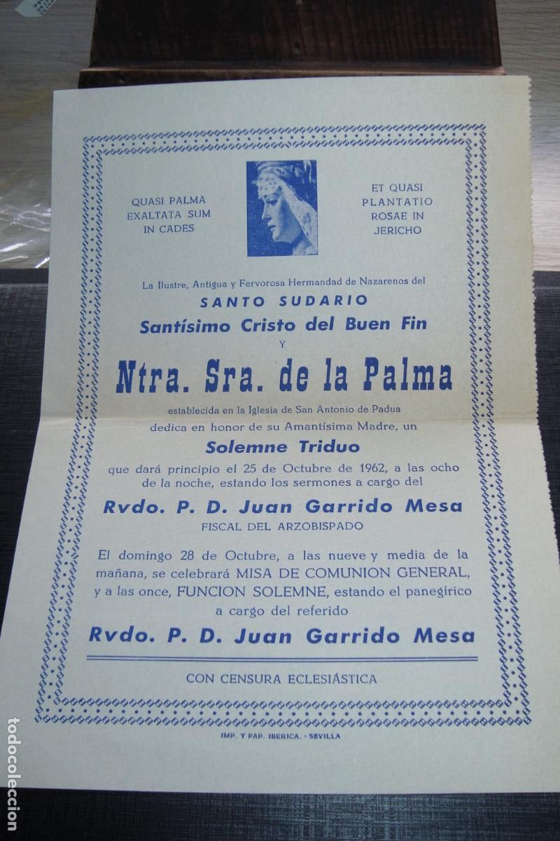 Postales: PROGRAMA CULTOS VIRGEN NUESTRA SE&Ntilde;ORA DE LA PALMA SEVILLA 1962. JUAN GARRIDO MESA.