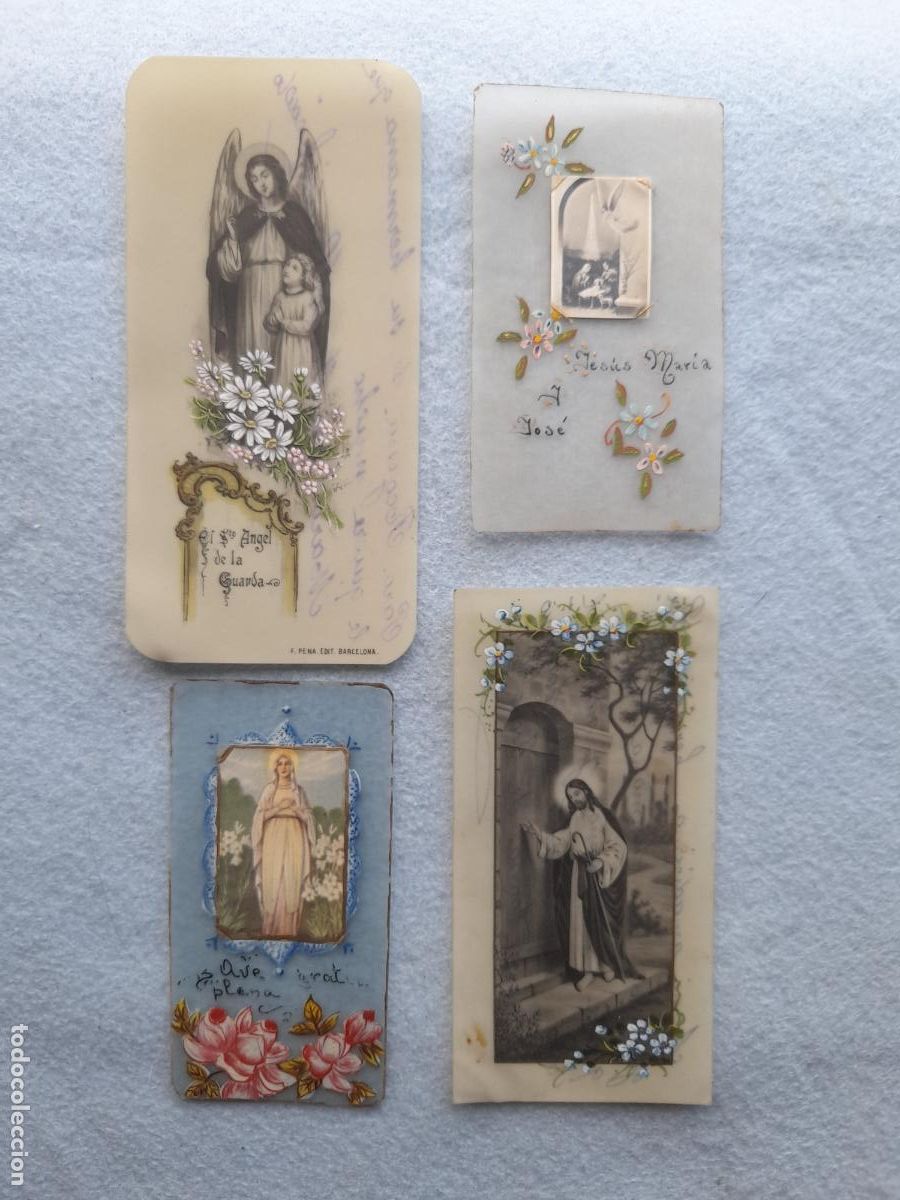 Cartes Postales: Lote de 4 Estampas Religiosas Antiguas. Decoradas a mano.