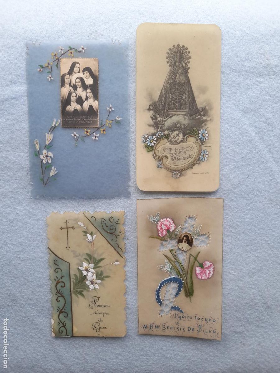Postales: Lote de 4 Estampas Religiosas Antiguas. Decoradas a mano.