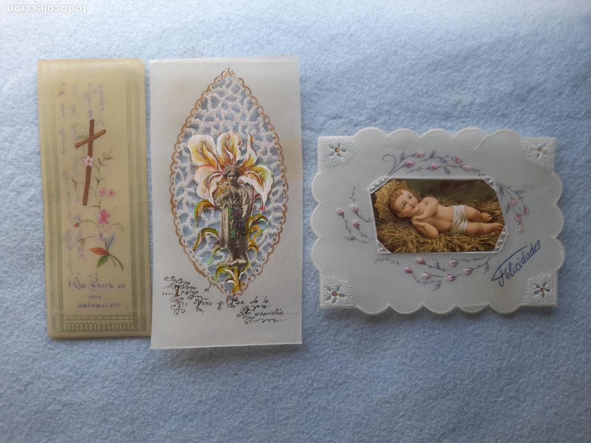 Postcards: Lote de 3 Estampas Religiosas Antiguas. Decoradas a mano.