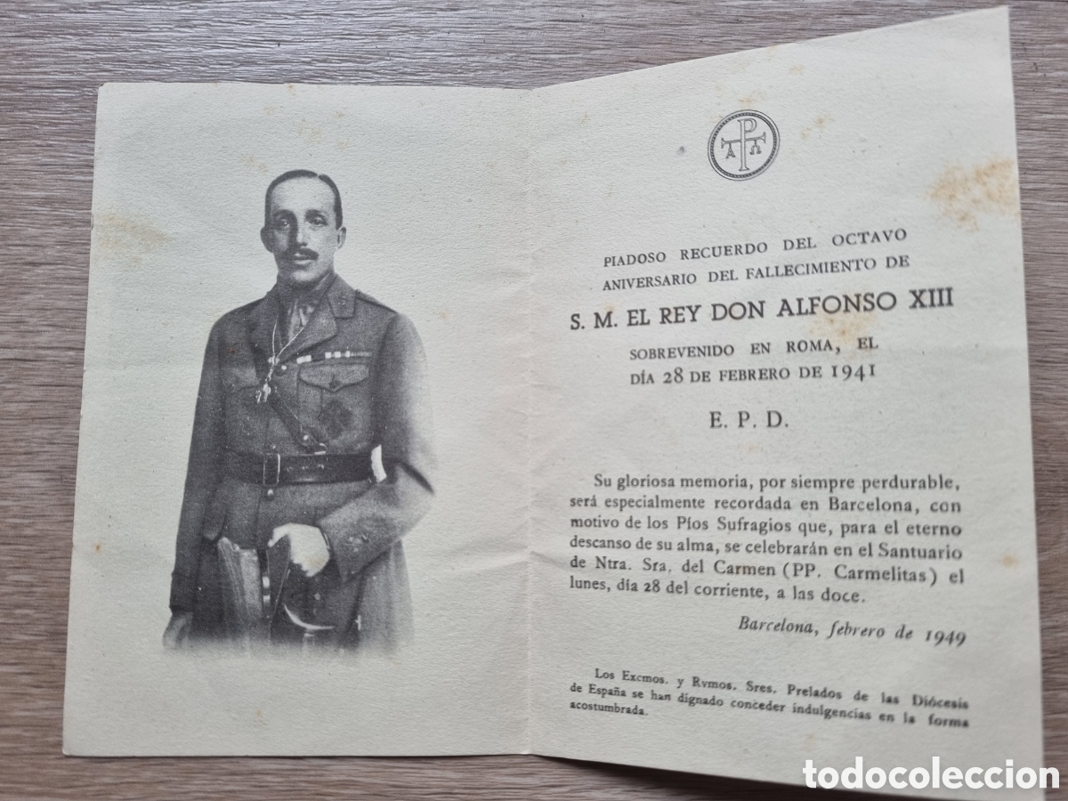 Cartoline: Antiguo recordatorio fallecimiento del Rey Alfonso XIII. 8⁰ Aniversario. 1949.