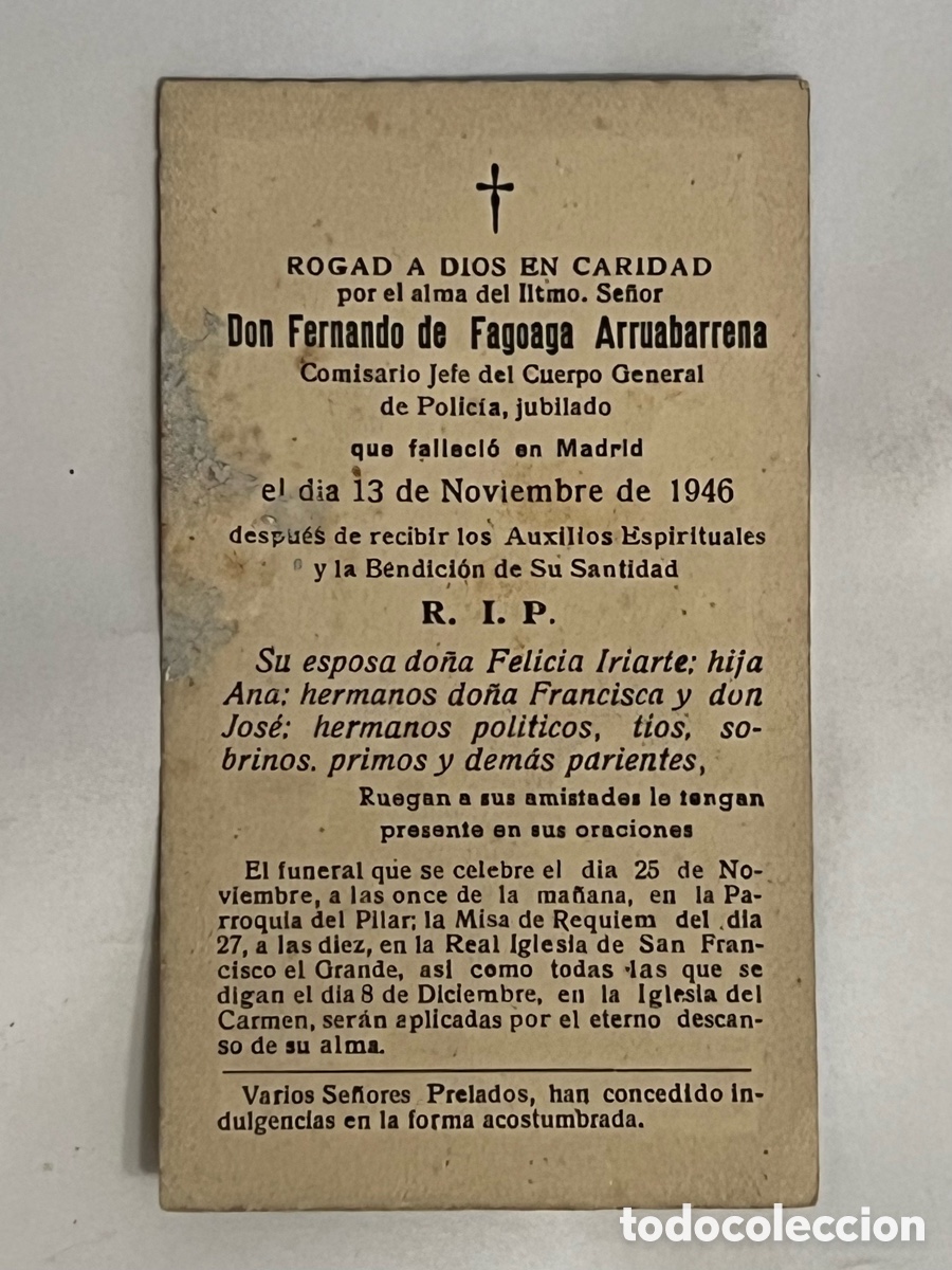 Postais: ESQUELA. Fernando de Fagoaga Arruabarrena Comisario Jefe del Cuerpo General de Polic&iacute;a (a.1946)
