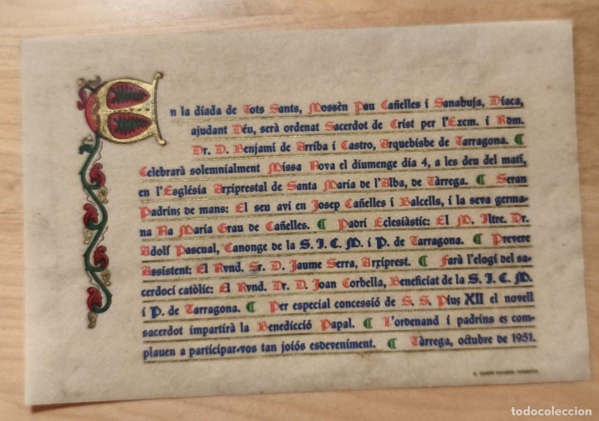Postais: ES 272 - Tarjeta comunicando ordenaci&oacute;n Mn Pau Ca&ntilde;elles i Sanahuja - T&agrave;rrega octubre 1951 (Lleida)