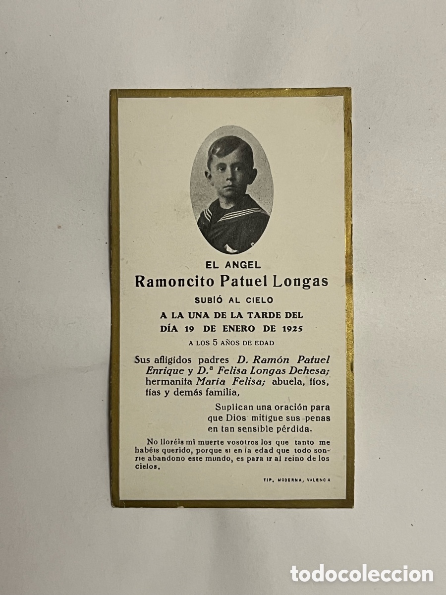 Postkarten: VALENCIA ESQUELA. EL ANGEL RAMONCITO PATUEL SUBI&Oacute; AL CIELO a los 5 a&ntilde;os de edad (a.1925)