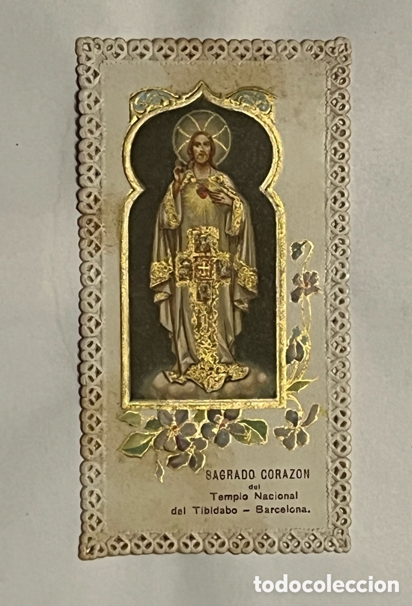Postales: SAGRADO CORAZON. Templo Nacional del Tibidabo - Barcelona. Estampa con puntilla (h.1910?)
