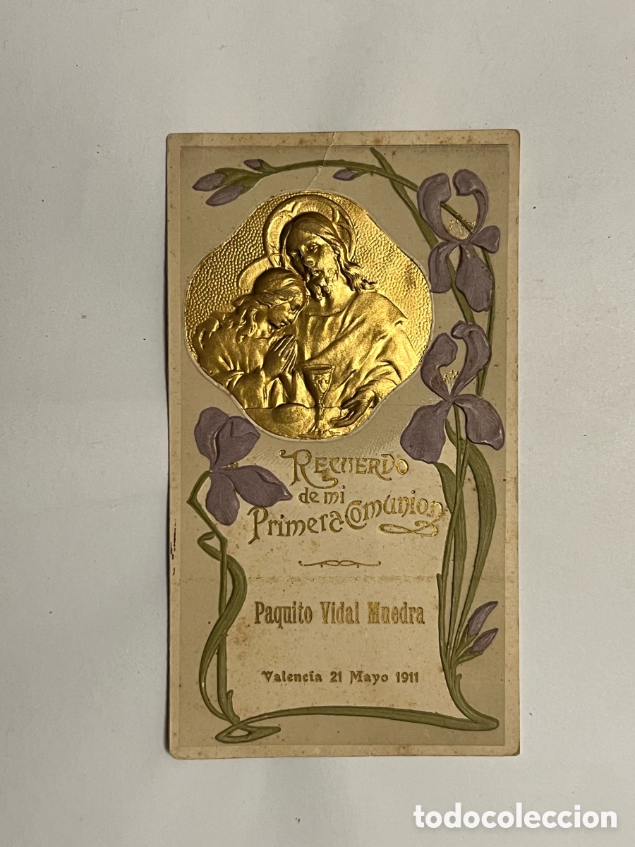 Postales: RECUERDO PRIMERA COMUNI&Oacute;N, del ni&ntilde;o Paquito Vidal. Estampa Troquelada Modernista (a.1911)