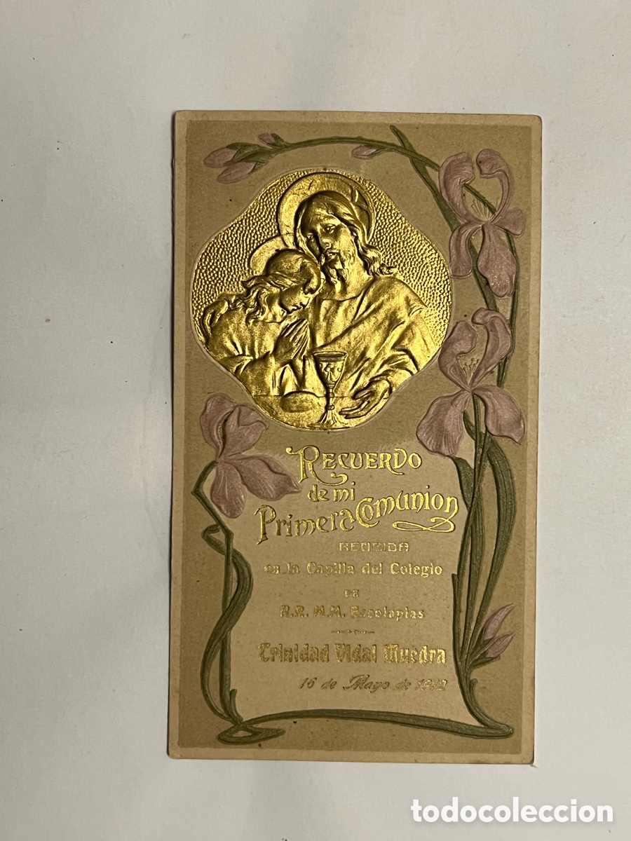 Postales: RECUERDO PRIMERA COMUNI&Oacute;N, de la ni&ntilde;a Trinidad Vidal. Estampa Troquelada Modernista (a.1912)