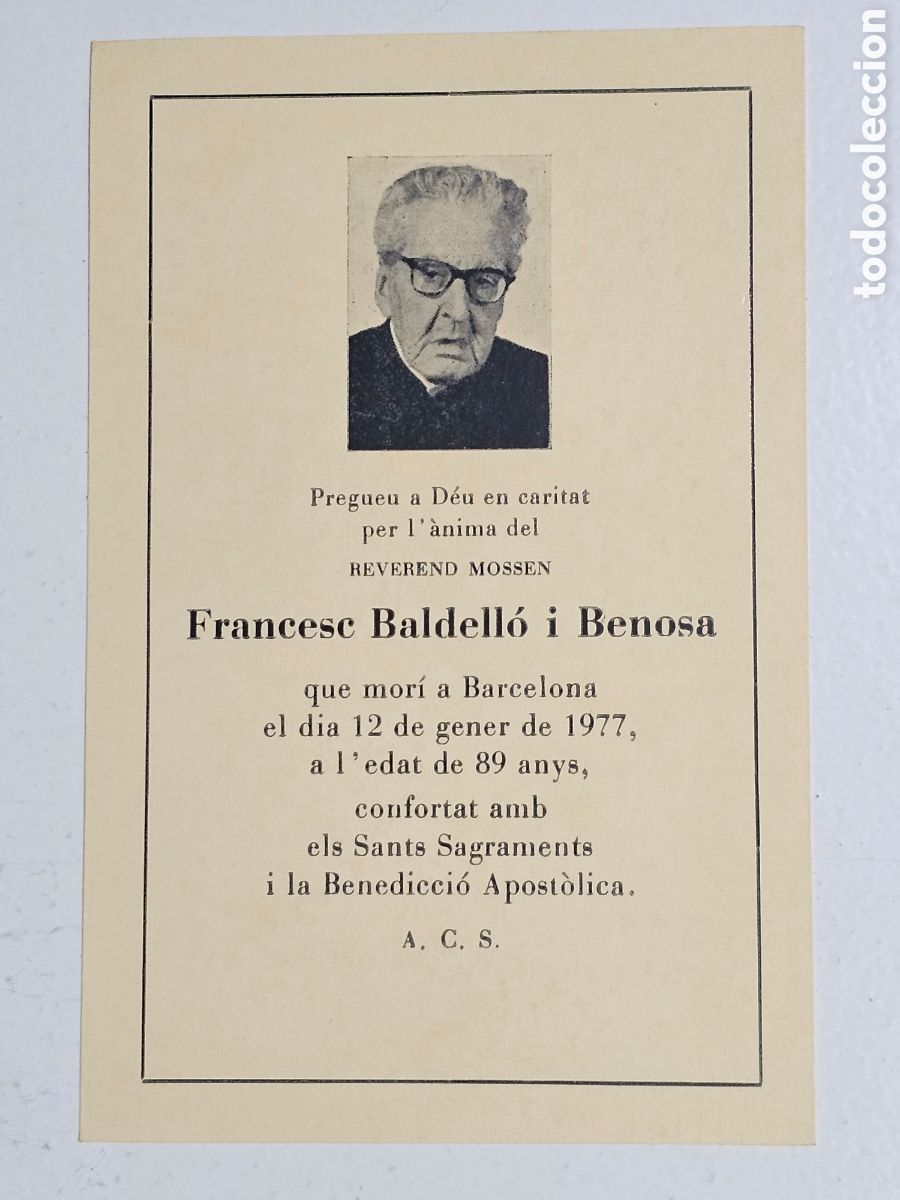 Postales: ​Recordatorio Mortuorio 1977 - Reverend Moss&egrave;n Francesc Baldell&oacute; i Benosa (Barcelona, 1887-1977)