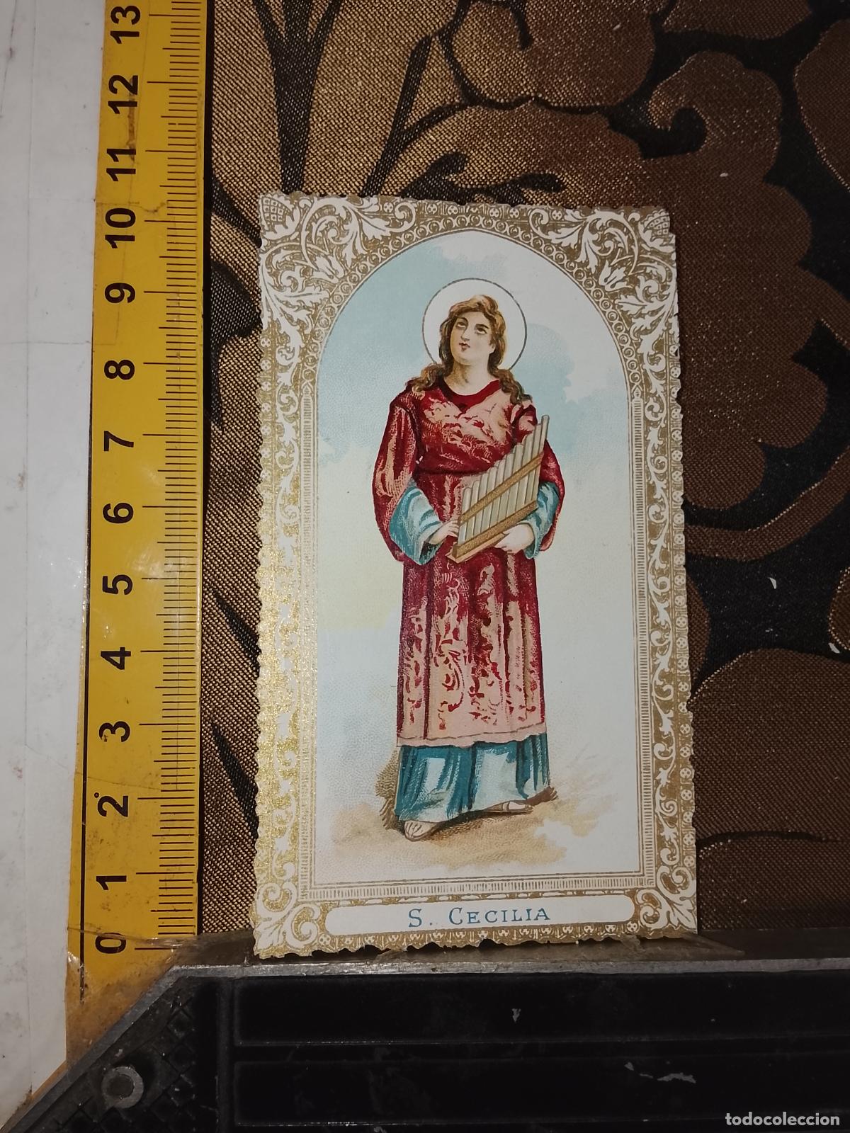 Cartes Postales: ANTIGUA ESTAMPA LITOGRAFICA CROMOGRAFIA SIGLO XIX RELIGIOSA ORLA DORADA SANTO - SANTA CECILIA