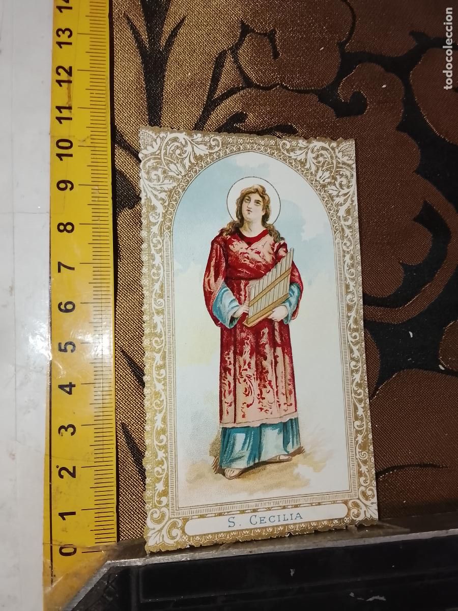 Cartes Postales: ANTIGUA ESTAMPA LITOGRAFICA CROMOGRAFIA SIGLO XIX RELIGIOSA ORLA DORADA SANTO - SANTA CECILIA