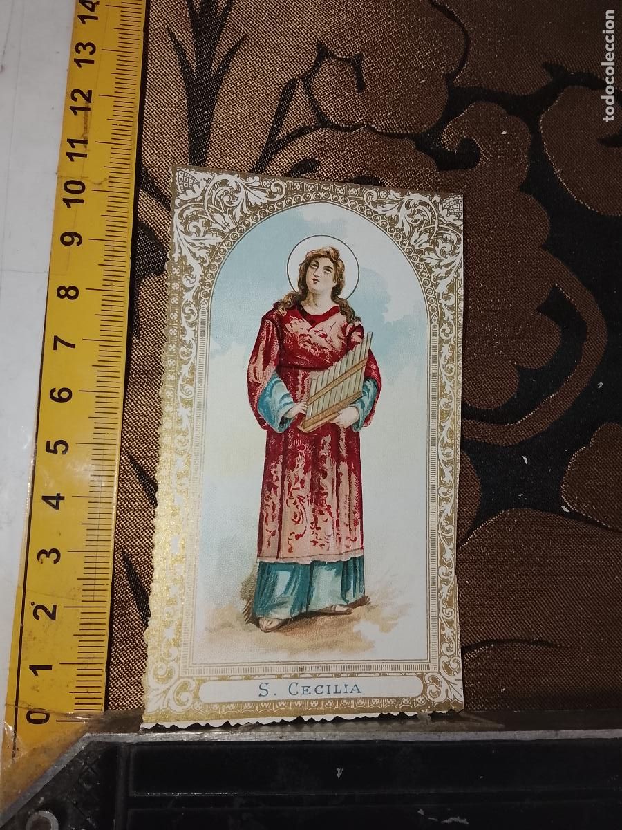 Cartes Postales: ANTIGUA ESTAMPA LITOGRAFICA CROMOGRAFIA SIGLO XIX RELIGIOSA ORLA DORADA SANTO - SANTA CECILIA