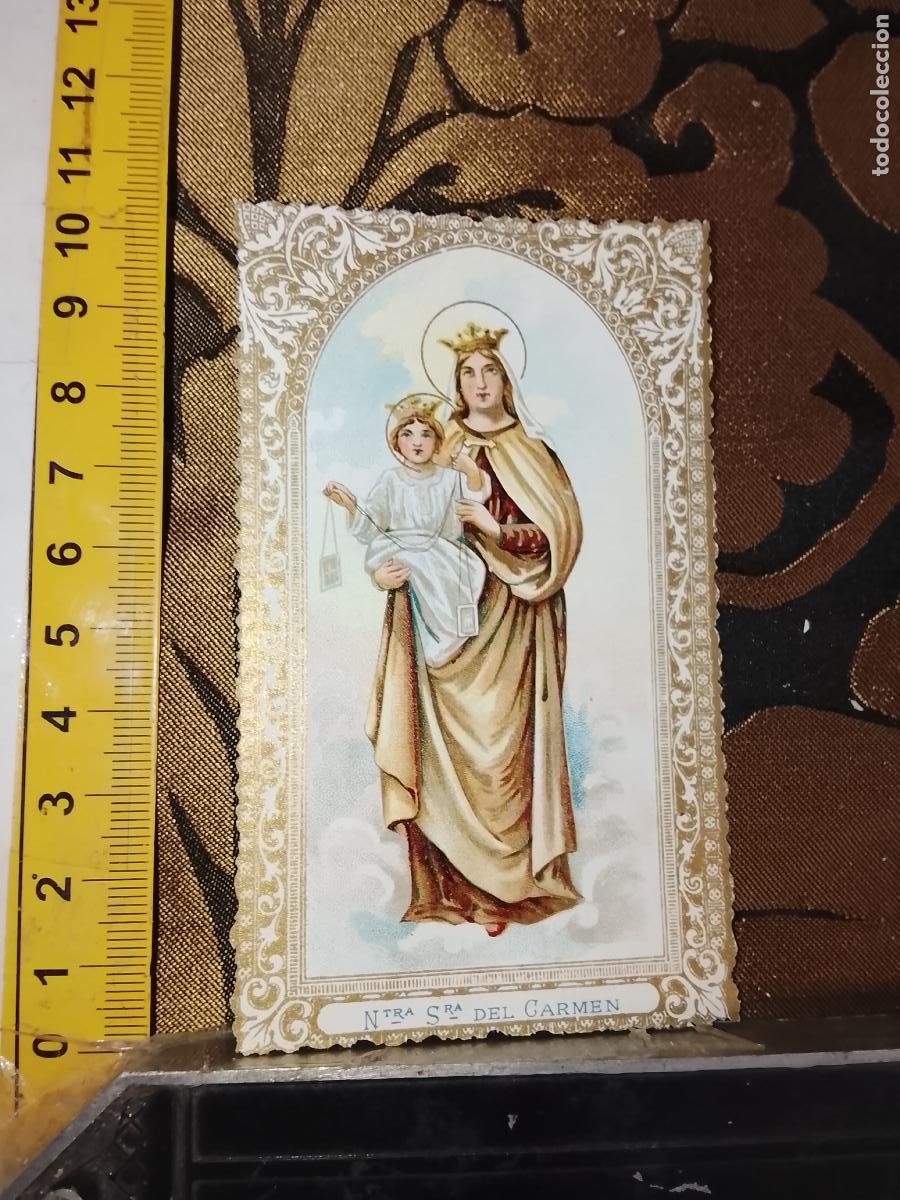 Cartes Postales: ANTIGUA ESTAMPA LITOGRAFICA CROMOGRAFIA SIGLO XIX RELIGIOSA ORLA DORADA SANTO - VIRGEN DEL CARMEN