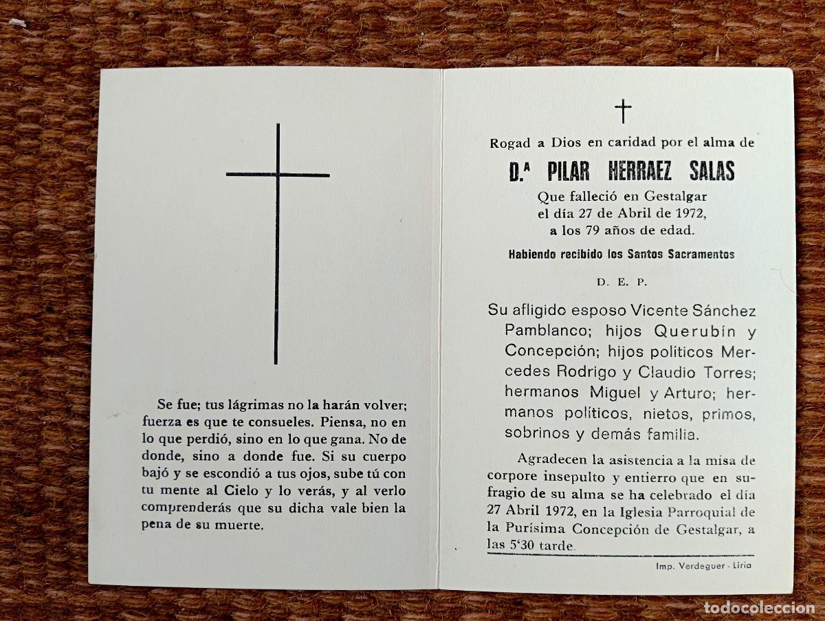 Postales: GESTALGAR - VALENCIA - ESQUELA - IN MEMORIAN DE SE&Ntilde;ORA FALLECIDA EN 1972