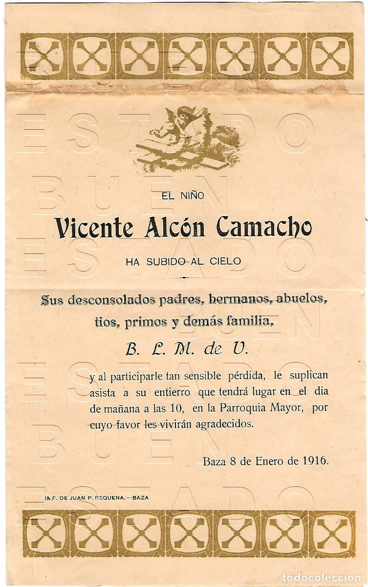 Postales: ESQUELA ESTAMPA RECORDATORIO 1916 VICENTE ALCON JOAQUIN SANCHEZ CAMACHO BAZA GRANADA M58