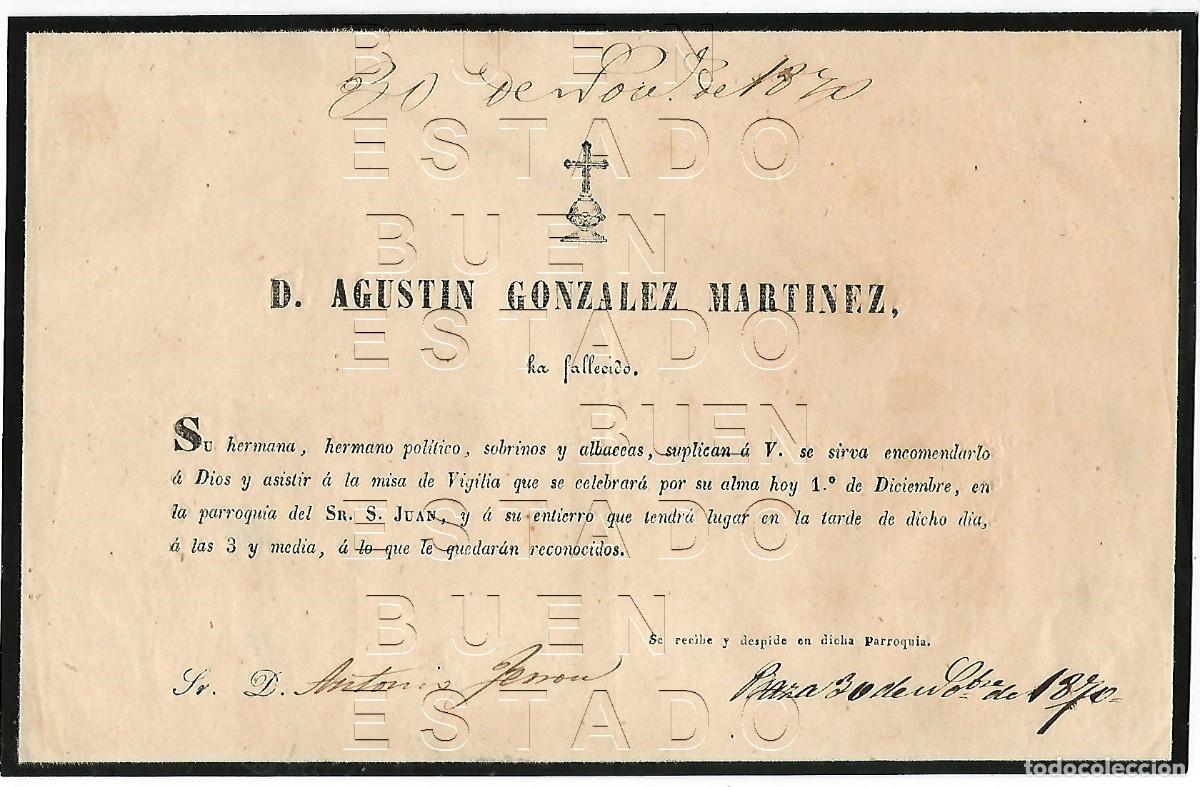 Postales: 1870 BAZA GRANADA ESQUELA AGUSTIN GONZALEZ MARTINEZ ESTAMPA RECORDATORIO JOAQUIN SANCHEZ CAMACHO M58