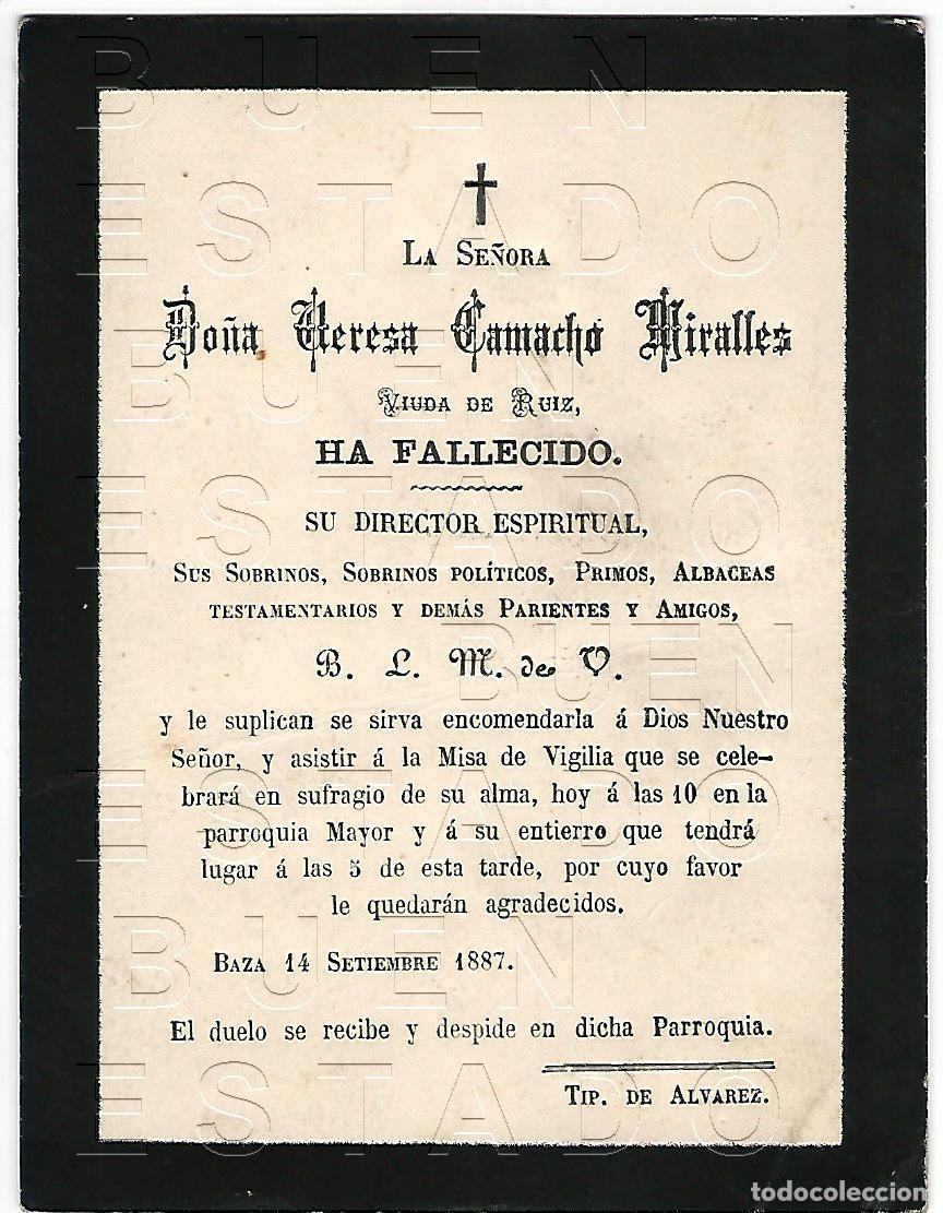 Postales: 1887 BAZA GRANADA ESQUELA TERESA CAMACHO MIRALLES ESTAMPA RECORDATORIO JOAQUIN SANCHEZ CAMACHO M58