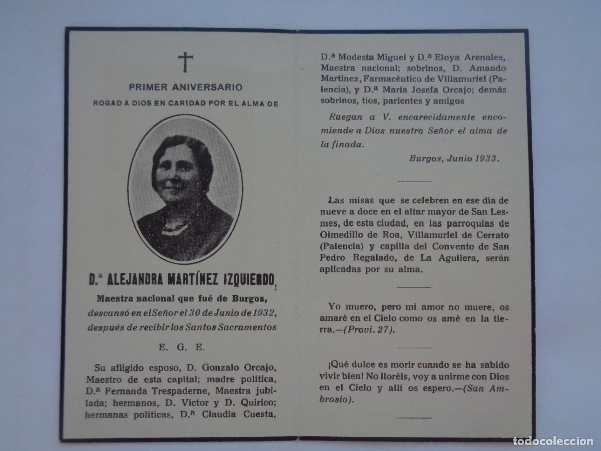 Postales: RECORDATORIO DE SE&Ntilde;ORA MAESTRA NACIONAL FALLECIDA EN BURGOS EN 1932. CON FOTO