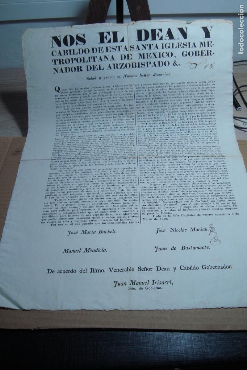 Postales: EDICTO RELIGIOSO DEAN CABILDO IGLESIA METROPOLITANA GOBERNADOR ARZOBISPADO MEXICO 1832. IRISARRI
