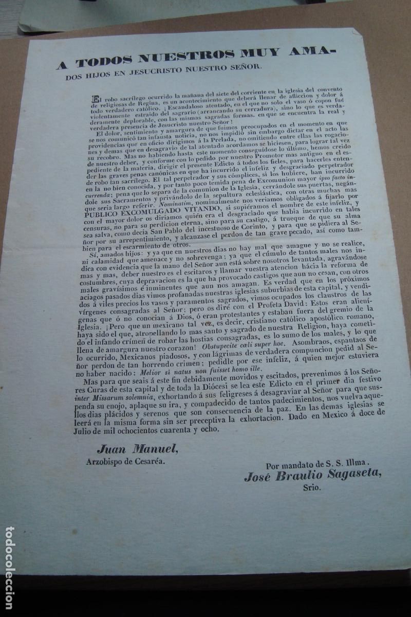 Postales: EDICTO RELIGIOSO RELATIVO A ROBO EN CONVENTO REGINA MEXICO 1848. IRISARRI. BRAULIO SAGASETA