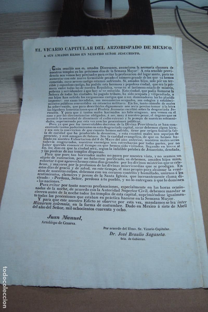 Postales: ANTIGUO BANDO SUPRESION PROCESIONES SEMANA MAYOR MEXICO 1848. IRISARRI. BRAULIO SAGASETA