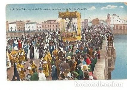 Postales: ANTIGUA POSTAL 513 SEVILLA VIRGEN DEL PATROCINIO PASANDO POR EL PUENTE DE TRIANA EDITOR MANUEL BARRE
