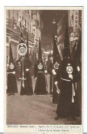 Postales: ANTIGUA POSTAL MALAGA SEMANA SANTA GUION DE LA COFRADIA DEL SANTISIMO CRISTO DE LA BUENA MUERTE AGRU