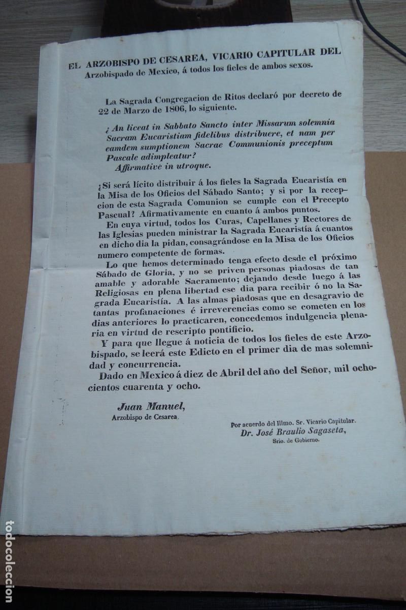 Postales: ANTIGUO EDICTO RELIGIOSO CONGREGACION DE RITOS. ARZOBISPO DE CESAREA MEXICO 1848. IRISARRI. SAGASETA