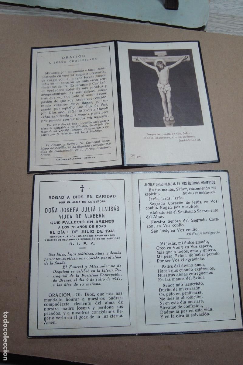 Postales: DOS RECUERDOS FUNERAL . D&ordf; JOSEFA JUILI&Aacute; LLAUSAS. VIUDA DE ALBERN. BRENES SEVILLA 1941