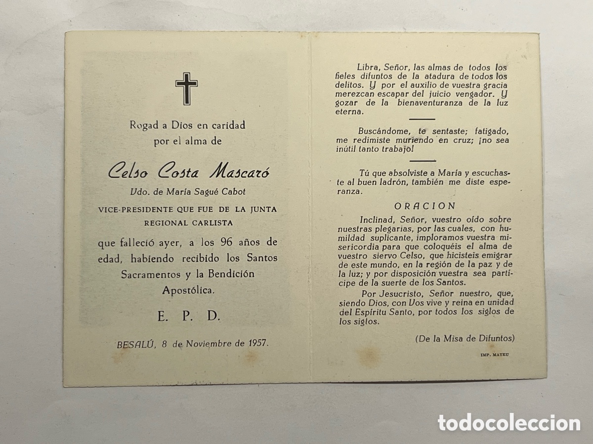 Postales: BESAL&Uacute; (Girona) Esquela CELSO COSTA MASCARO. VICE-PRESIDENTE QUE FUE DE LA JUNTA REGIONAL CARLISTA