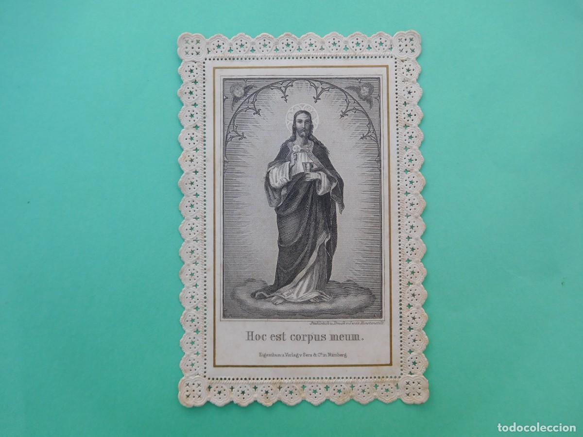Postales: Estampa antigua de puntilla calada Jesucristo con c&aacute;liz a&ntilde;o 1884
