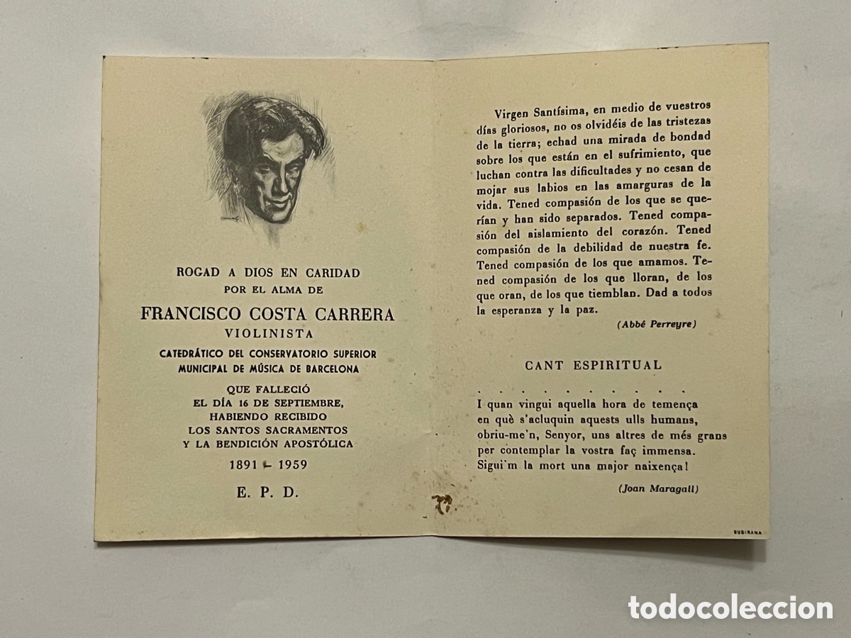 Postales: ESQUELA. FRANCESC COSTA CARRERA. VIOLINISTA. CATEDR&Aacute;TICO (a.1959)