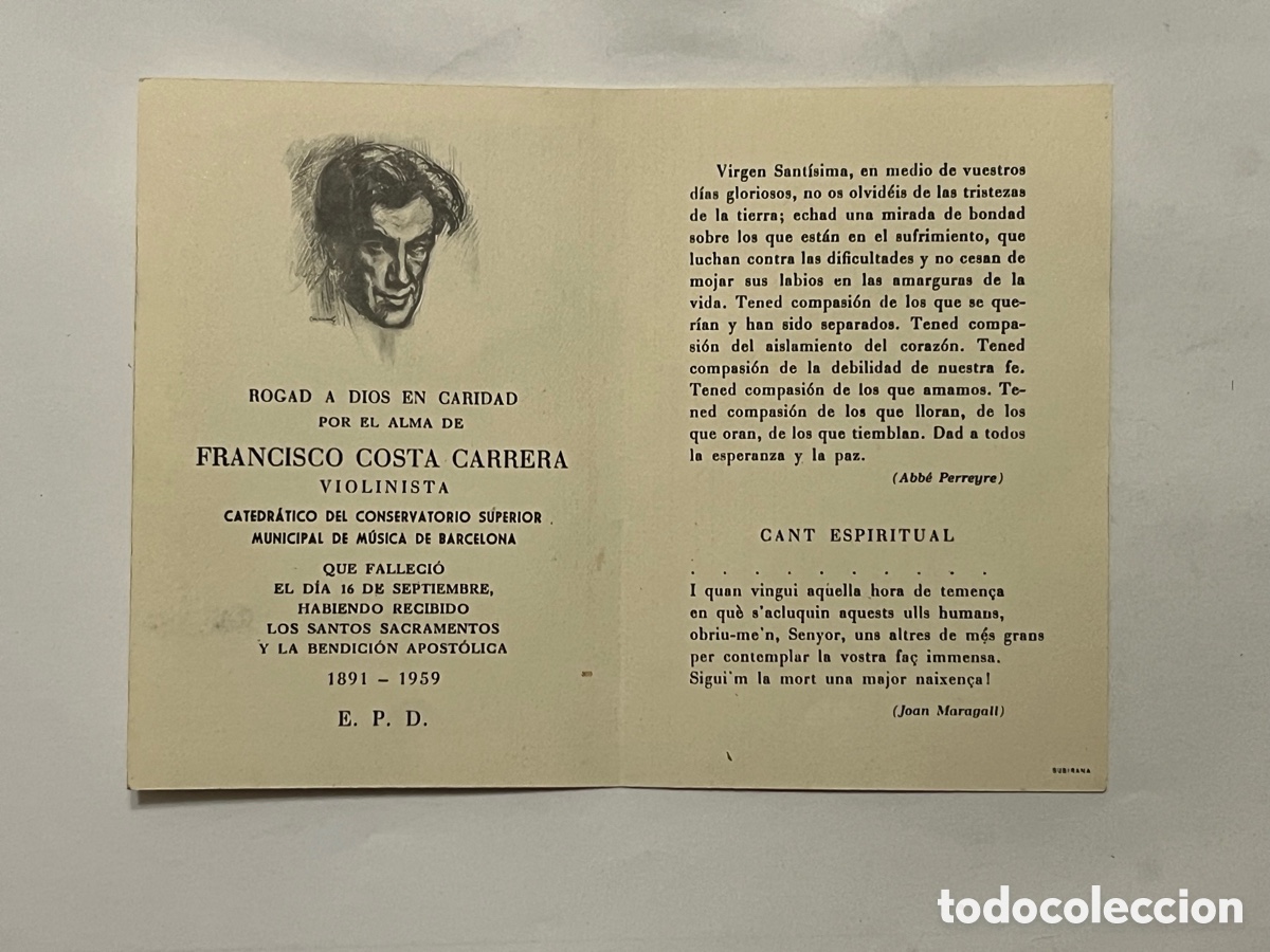 Postales: ESQUELA. FRANCESC COSTA CARRERA. VIOLINISTA. CATEDR&Aacute;TICO DEL CONSERVATORIO (a.1959)