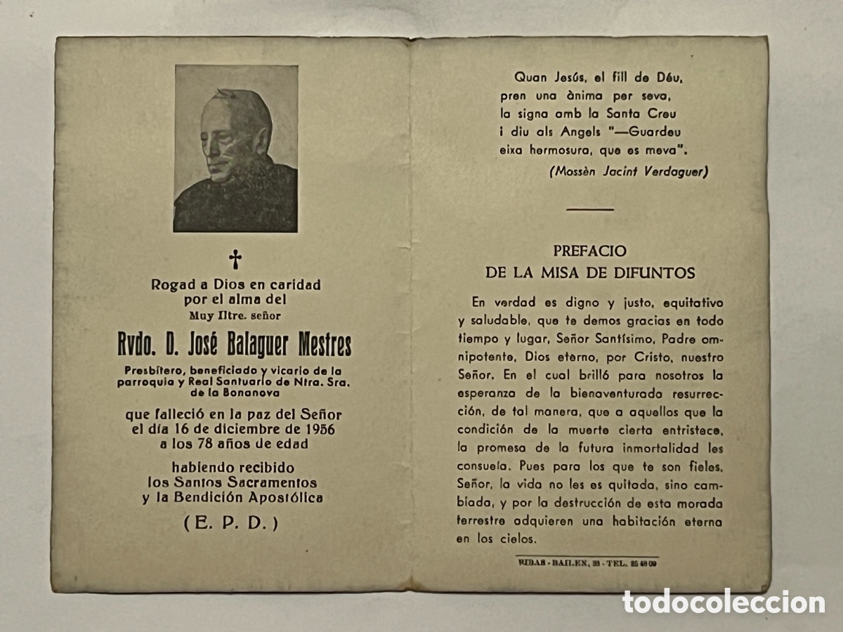Postales: Rvdo. D. Jos&eacute; Balaguer Mestres. Presbitero Real Santuario de Ntra. Sra. de la Bonanova. Esquela