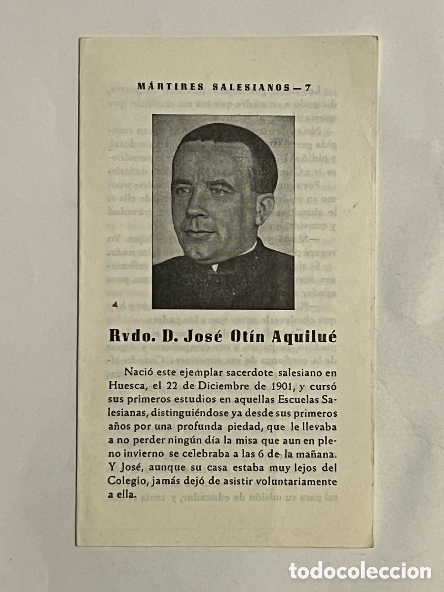 Postales: M&Aacute;RTIRES SALESIANOS. Rvdo. Jos&eacute; Ot&iacute;n Aquilu&eacute;. Vilmente asesinado por las Hordas Marxistas (a.1936)