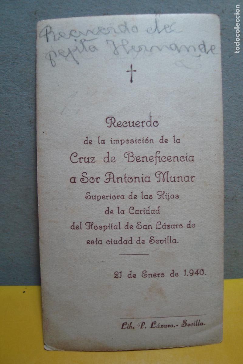 Postales: RECUERDO IMPOSICION CRUZ BENEFICENCIA SOR ANTONIA MUNAR. SUP HOSPITAL SAN LAZARO SEVILLA 1940