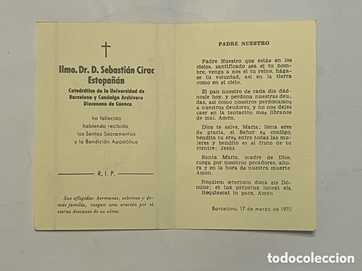 Postales: ESQUELA.. Ilmo. Dr. D. Sebasti&aacute;n Cirac Estopa&ntilde;&aacute;n. Catedr&aacute;tico de la Universidad de Barcelona